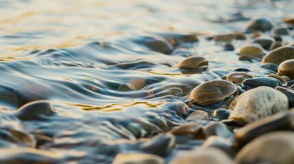 Canvas Print - Waterfront lot, riverbank close-up, pebbles and flowing water, peaceful afternoon 