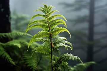 Wall Mural - Close-up of a fern in a foggy morning.