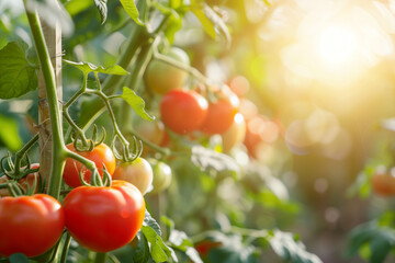 Wall Mural - Beautiful red ripe tomatoes grown in a greenhouse. Rows of ripe homegrown tomatoes before harvest. Organic farming