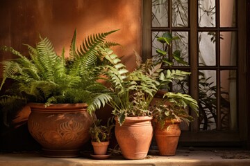 Poster - Ferns in a terracotta pot on a porch.