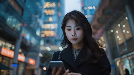 Wall Mural - A low angle perspective highlights the determination of a young Asian businesswoman as she manages online banking on her smartphone while on the move.