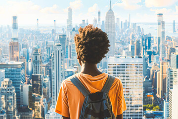 An African American teenager admiring the skyline of a bustling city, inspired by the vibrancy and diversity of urban life.