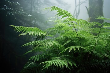 Wall Mural - Close-up of ferns in a foggy forest.