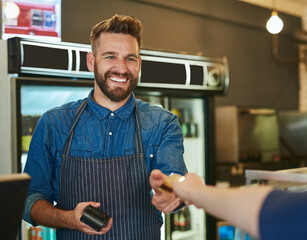 Poster - Credit card, barista or waiter in coffee shop with customer for payment, transaction and purchase at cafe. Restaurant, male employee and person buying for checkout, pos and small business sale
