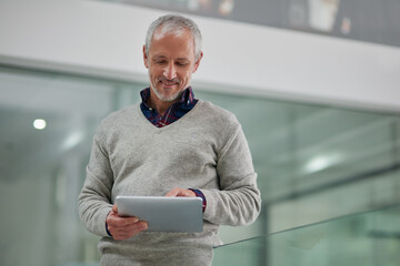 Aufkleber - Mature man, online and tablet in office, reading and research for proposal, digital and planning for project. Sales manager, technology and networking for business, employee and agenda for startup