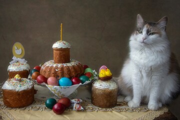 Wall Mural - Easter still life with pretty kitty