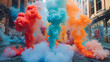 © arhendrix - A colorful explosion of smoke fills the alleyway, creating an otherworldly scene. Graffiti covers the walls.