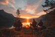 © Ekaterina Shvaygert - Group of friends sitting near a campfire on a mountain lake background, beautiful sunset