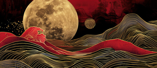 Wall Mural - red golden luxury oriental moon, wave and mountain beauty of nature background