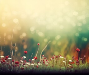 Wall Mural - Enchanted Meadow with Red Wildflowers and Magical Light Bokeh Background