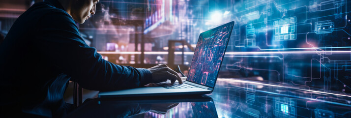 Poster - female techie in data center coding on laptop near server racks - big data storage, it support, data