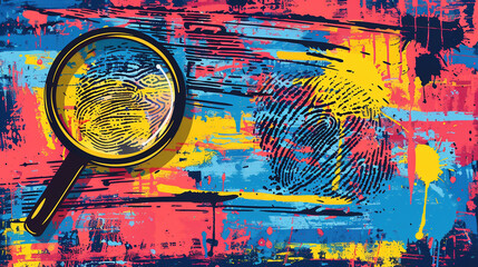 Wall Mural - Magnifying glass on pictorial and multicolored background. Research and study concept