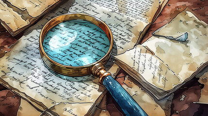 Magnifying glass on papers and documents. Research and study concept