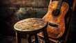 Acoustic Guitar A rustic acoustic guitar resting against a wooden stool with its steel strings glinting under the soft studio lights evoking the warmth of acoustic melodies.