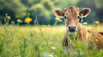 A brown white calf standing in the meadow looking at camera