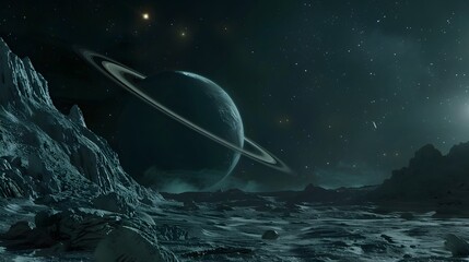 Wall Mural - A planet with rings is seen in the galaxy, Universe, with a rocky, barren landscape in the foreground. The sky is filled with stars	