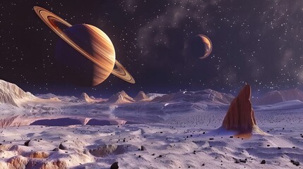 Wall Mural - A planet with rings is seen in the galaxy, Universe, with a rocky, barren landscape in the foreground. The sky is filled with stars	