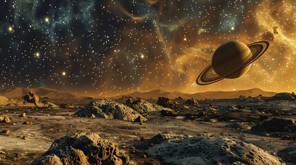Wall Mural - A planet with rings is seen in the galaxy, Universe, with a rocky, barren landscape in the foreground. The sky is filled with stars