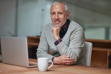 Poster - Businessman, portrait and laptop in office with smile, coffee and working at night for project. Happiness, corporate and senior male person in workplace for online, email and commitment to company