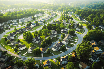 An aerial view of a sprawling suburban neighborhood waking up to the dawn, capturing the peacefulness of morning light.