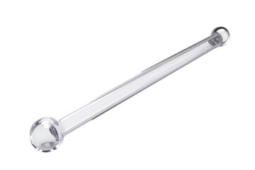 A clear plastic object with a rounded end. It is long and thin. The object is not in use