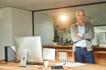 Aufkleber - Portrait, mature businessman and computer in home office for research, planning and development for startup. Male person, pride and technology in workspace for communication, online and connection