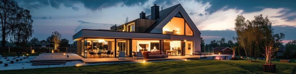 Wall Mural - House Panorama. Modern Luxury Home with Stylish Garden in the Evening