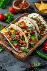 Mexican tacos on a wooden plate, Generative AI,