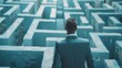 The Challenge. Businessman Navigating Labyrinth Maze in Search of Solution