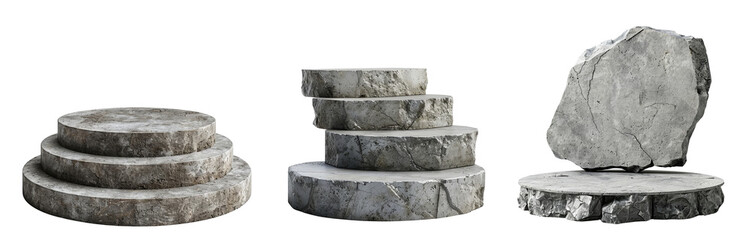 Set of Stone Podium for promotion. Beauty product mockup. Scene to show products. Showcase, display case. Front View, soft shadow isolated on transparent background.
