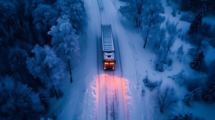 Wall Mural - A white truck traverses a highway, transporting cargo amidst a wintry landscape, as captured from an aerial view by a drone