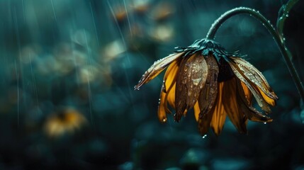 A wilted flower drooping under the weight of heavy rain, symbolizing the burden of sorrow and grief.