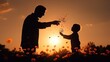 Silhouette of father giving flowers to little daughter in flowers garden with sunset view. Father day concept.