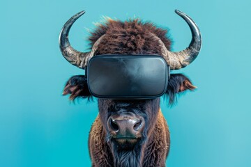 Wall Mural - Portrait of a buffalo with VR headset. AI generative art