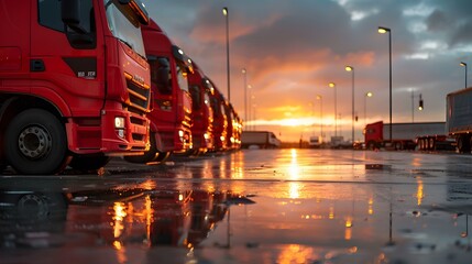 Wall Mural - A squadron of brand-new red cargo trucks is parked neatly in a row adjacent to a warehouse building, illuminated by the warm glow of a vibrant sunset