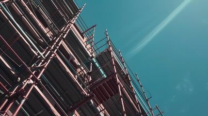 Canvas Print - High-rise building, scaffolding close-up, complex structure, blue sky background