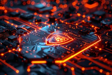 Poster - Electronic circuitry highlighted by vibrant neon red outlines around important elements, showcasing futuristic tech design. Soft focus on the glowing elements suggests active data processing.