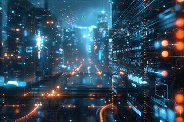 Poster - Advanced technological corridor illuminated by soft blue lights and vibrant orange data streams. Digital components line the corridor, enhancing the depth with a high-tech feel,