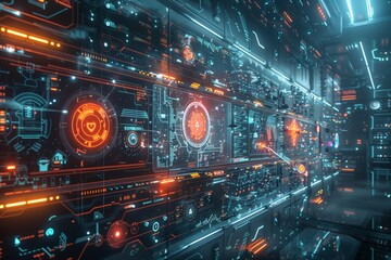 Poster - Futuristic digital interface with detailed cybernetic panels, glowing neon lights, and complex circuitry. highlighting various digital readouts and sensors across multiple screens.