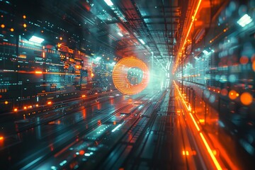 Poster - Futuristic tunnel with vibrant neon lights and digital ring central focus. Represents advanced data flow or cyber transport in fictional universe. Displays seamless, dynamic movement with reflections.