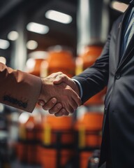 Two businessmen in suits shaking hands in front of a blurred background of an industrial setting.