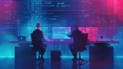 Wall Mural - Cyber security concept. Businessmen protecting personal data on laptop and virtual interfaces, user typing login and password, secure Internet access.