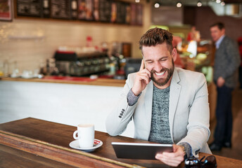 Poster - Businessman, phone call and happy in coffee shop for funny conversation and communication with client. Male person, technology and remote work in cafe for brainstorming, planning and idea for project