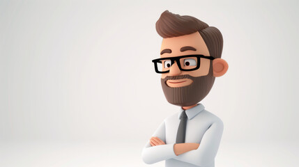 3D illustration of a mature bearded male character, crossing arms and wearing business casual attire with glasses.