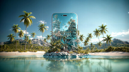Wall Mural - Top-view smartphones, travel bags and aeroplane tourist concepts ai generated