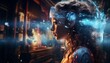 Enhance the beauty of this girl with glowing blue futuristic technology