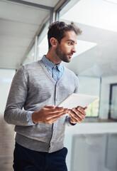 Poster - Planning, thinking and tablet with business man in office for browsing or internet research. App, email and technology with young employee reading online information in glass workplace for project