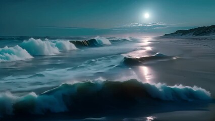 Poster - A serene beach scene where a full moon shines brightly, casting its light over the calm ocean waters, A moonlit beach with gently crashing waves making soft patterns in the sand