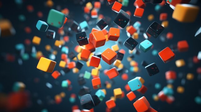 Colorful 3D cubes floating in a dark blue background.