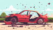 Digital art of a red car with severe impact damage, depicting a crash aftermath on a clear day with pieces of the car scattered around.